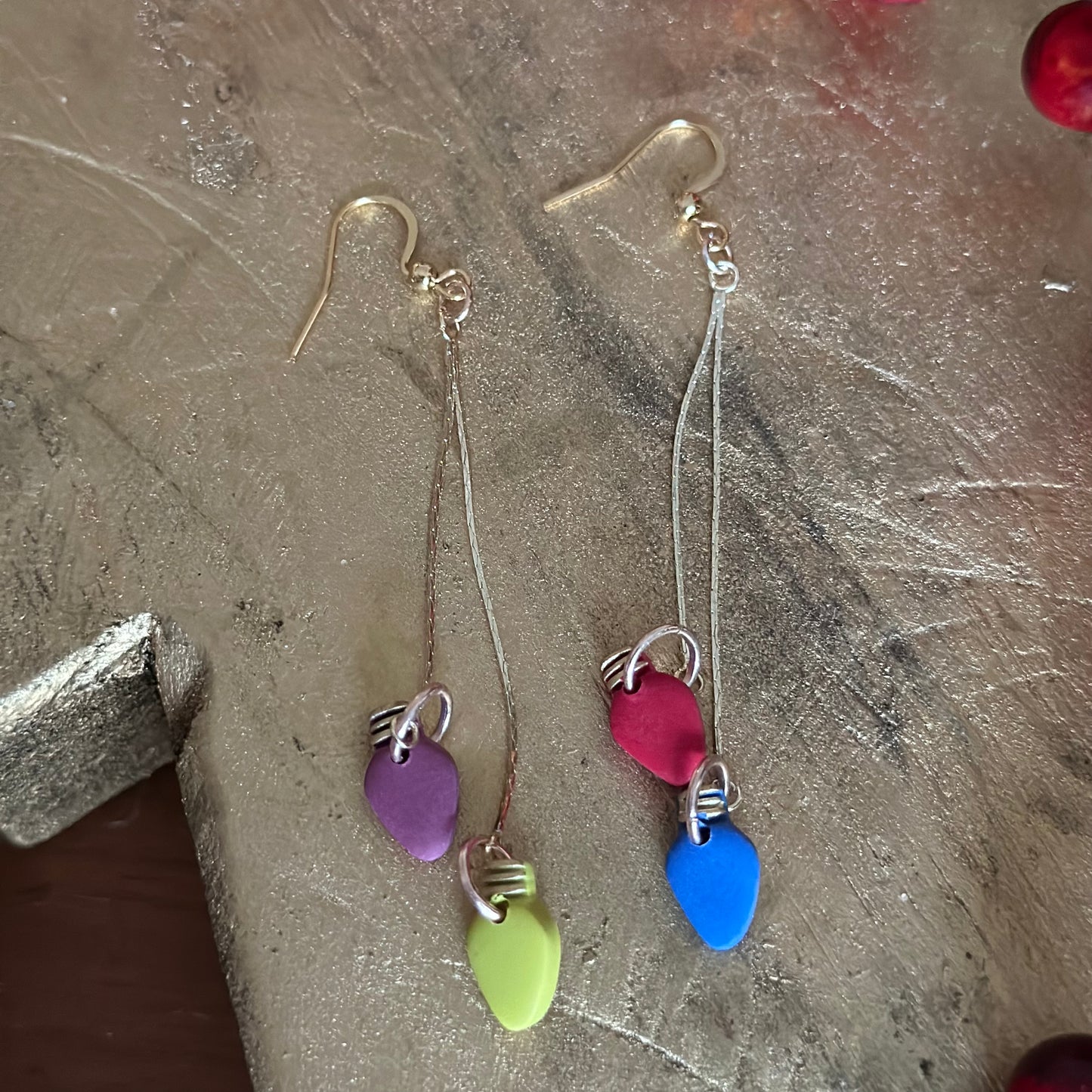 Clay Polymer Earrings: Multicolor Christmas Light Dangle-A