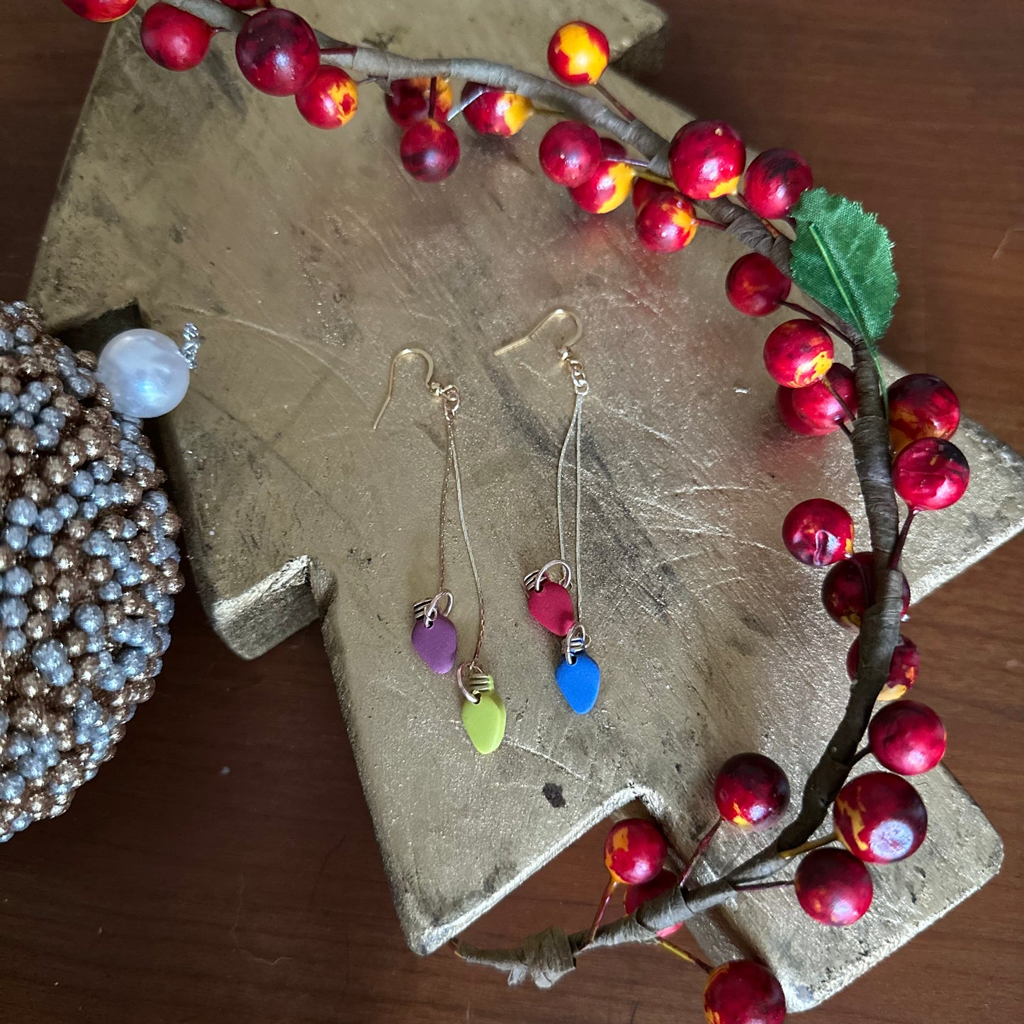 Clay Polymer Earrings: Multicolor Christmas Light Dangle-A