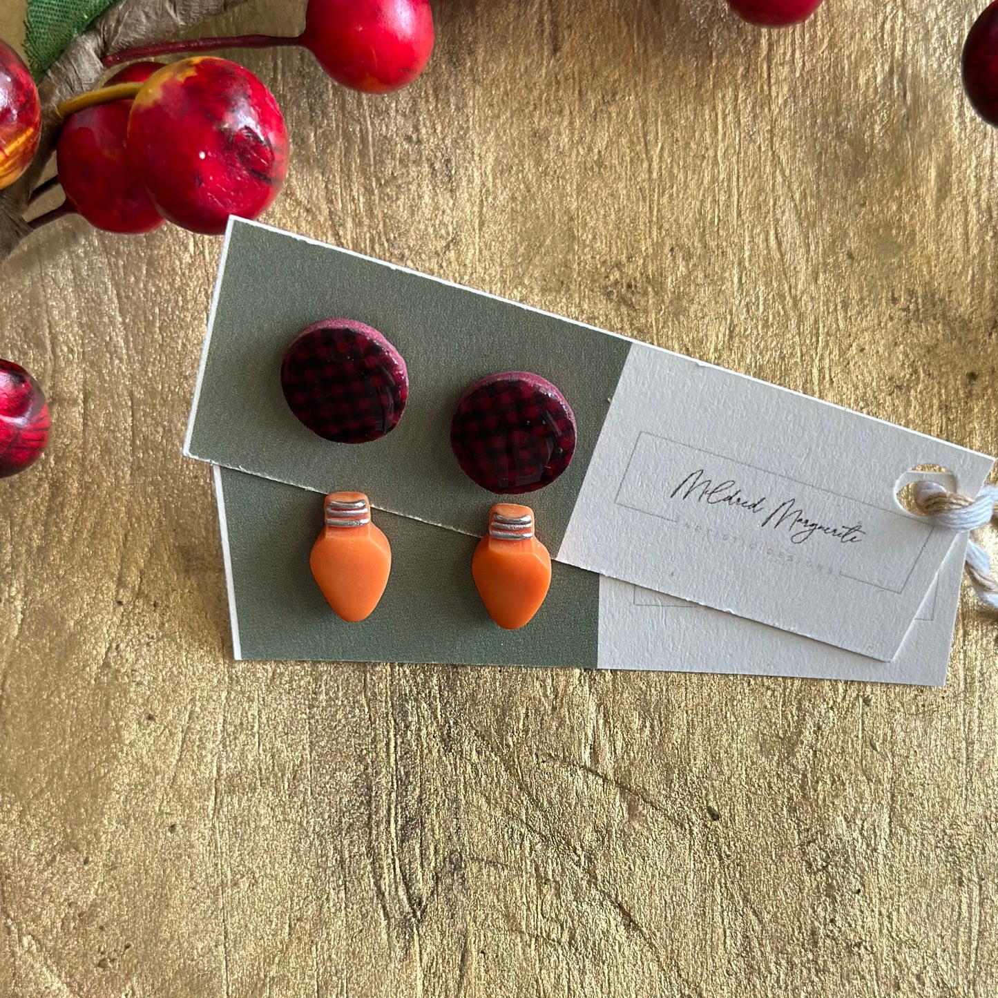 Clay Polymer Earrings: Christmas Light Stud 2023-F