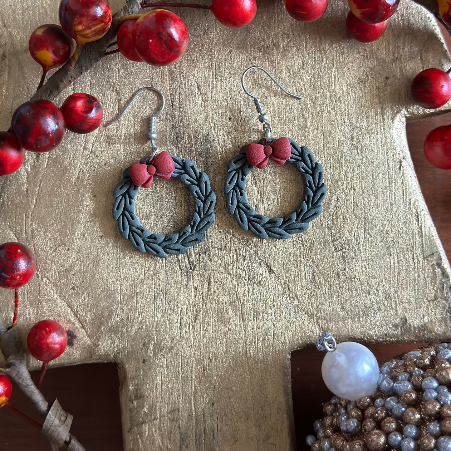 Clay Polymer Earrings: Detailed Christmas Wreath 2023