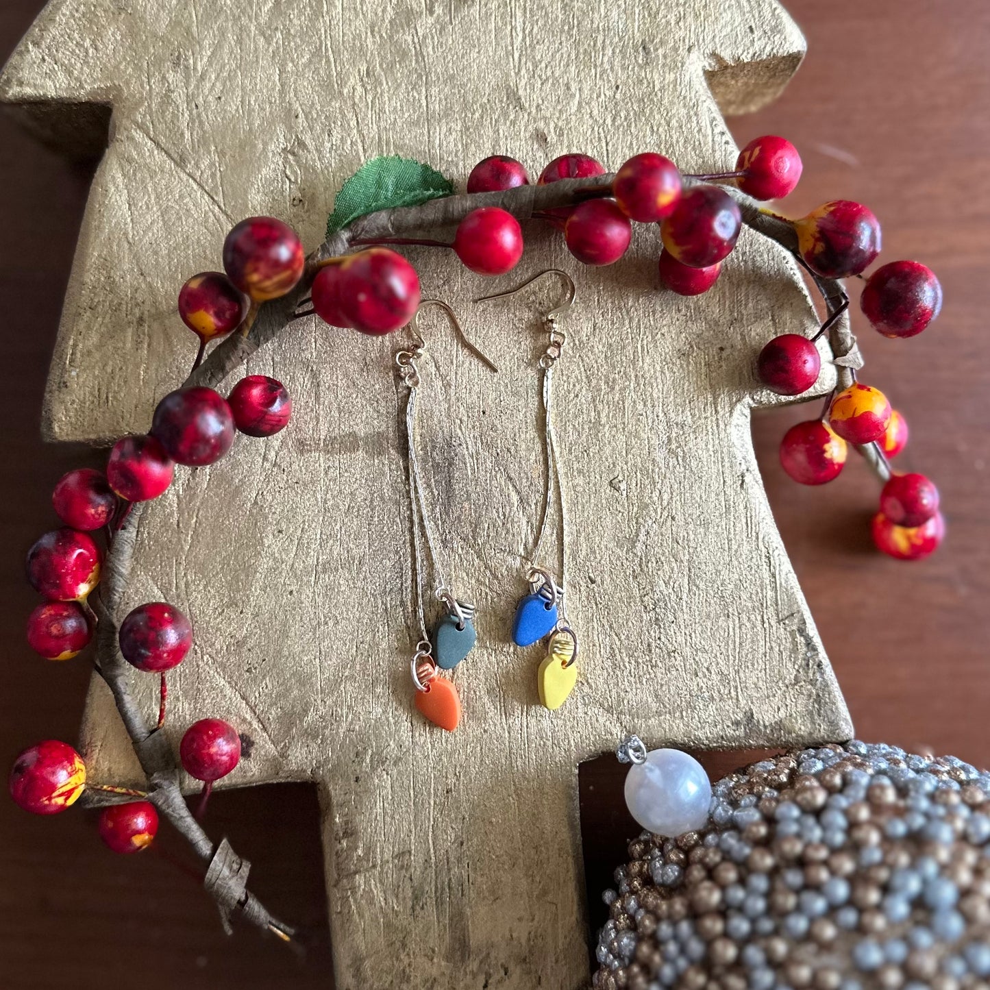 Clay Polymer Earrings: Multicolor Christmas Light Dangle-B