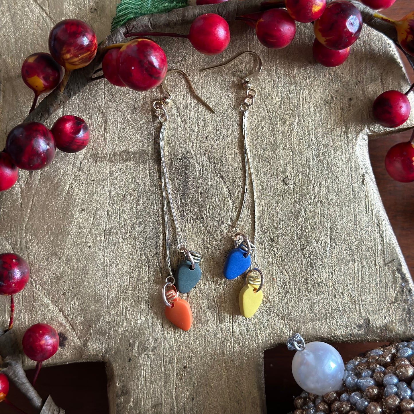 Clay Polymer Earrings: Multicolor Christmas Light Dangle-B